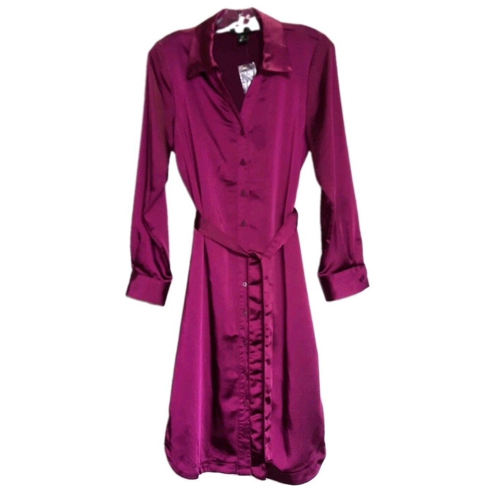 RACHEL ZOE Magenta Wine Satin Shirt Dress Belted Midi Silk Look Long Sleeve M - Picture 2 of 6